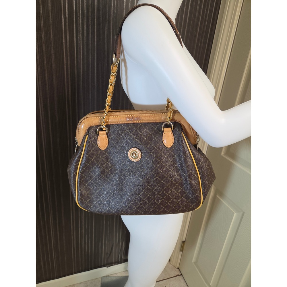 y2k La Tour Eiffel Monogram Shoulder Bag Brown Tan Leather Chain Strap Vintage